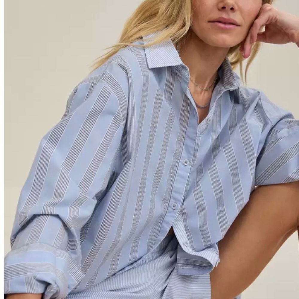 Aerie Blue and White Striped Button Down Shirt L